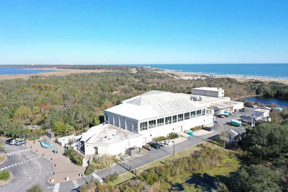 A large building set amid lush greenery with a nearby water body and ocean view. The scene is welcoming and suggests a place of community gathering or educational exploration, with ample outdoor space and scenic vistas.